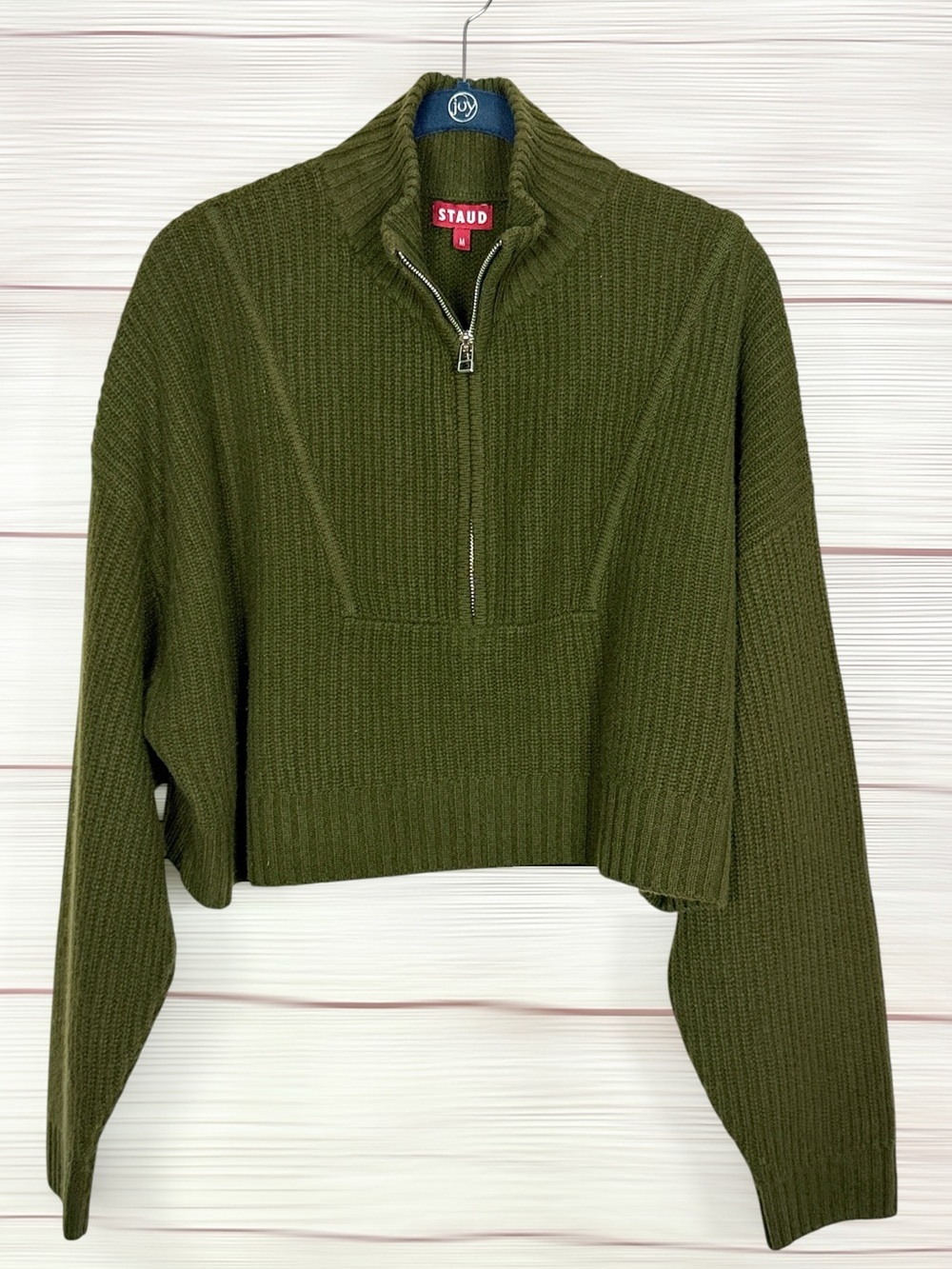 STAUD Cashmere Cropped Hampton Sweater Olive Chunky Knit Half Zip Oversized M - Picture 2 of 13